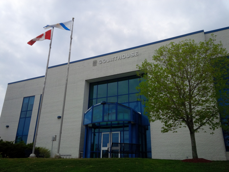 Large white building with glass entrance, a tree and flags flying out front. 