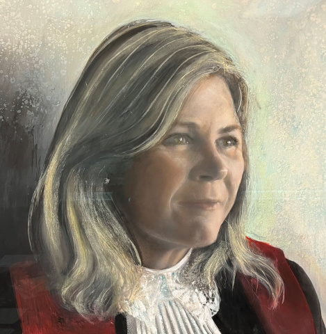 Painting of a female judge with shoulder-length blonde hair. 