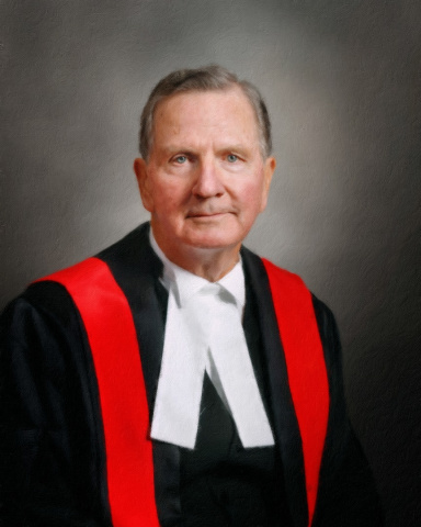 Photo of a male judge wearing black and white judicial robes with a red sash. 