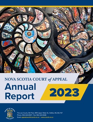 Cover of 2023 Annual Report displaying image of artwork at the Law Courts. 